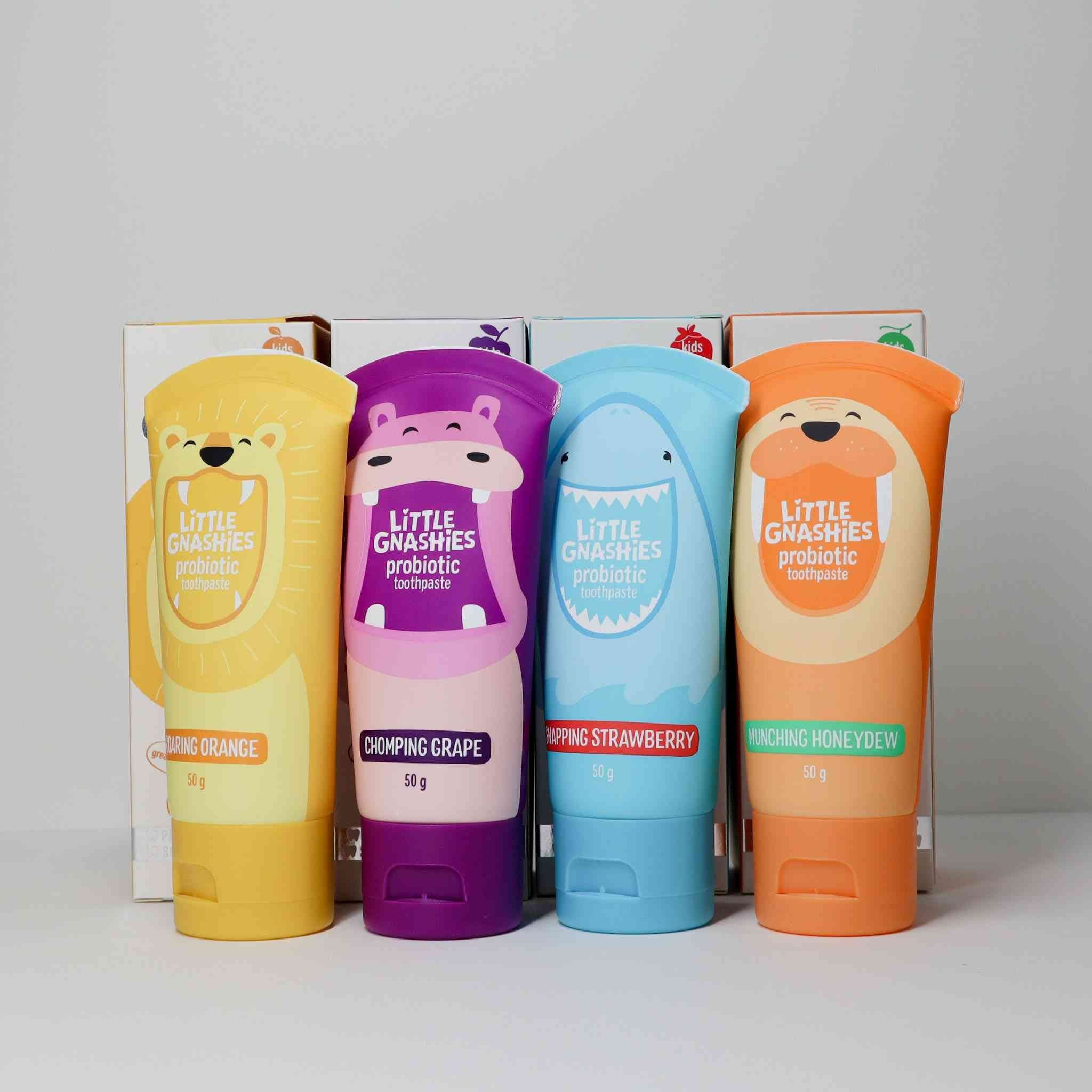 Low fluoride toothpaste for toddlers 4 pack Little Gnashies kids